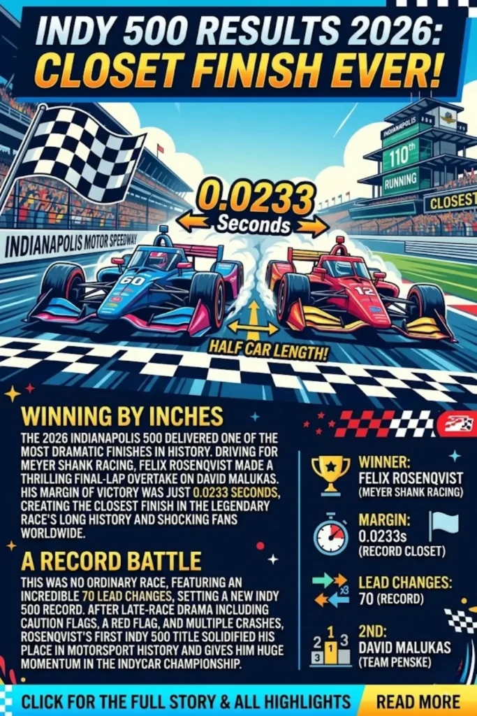 Indy 500 Results 2026: Felix Rosenqvist Wins Historic Indianapolis 500 Thriller
