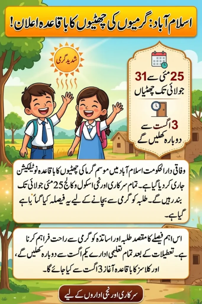 Islamabad Summer Vacations 2026 Announced for Private and Public Educational Institutions