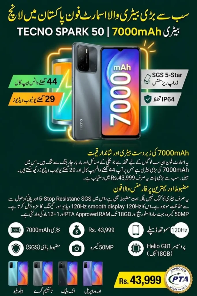 TECNO Spark 50 Launched in Pakistan with 7000mAh Battery, 120Hz Display, and Durable Design